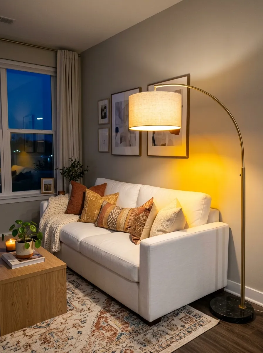 Image prompt: Real-life photography of a neatly made white couch beside a sculptural arc floor lamp casting warm light, evening ambiance with soft golden glow, beautifully arranged cushions on the sofa, organized and clean living room styling, vibrant warm lighting tones against white fabric, stock-photo realism, no people.