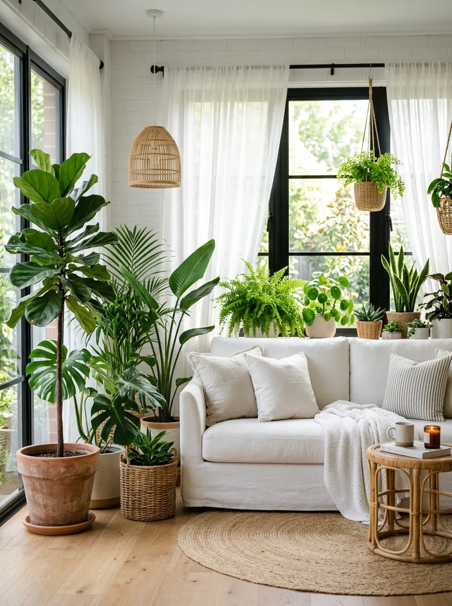 Image prompt: Real-life photography of a neatly made white couch in a bright sunroom surrounded by tall potted plants and wicker accents, sheer curtains filtering soft daylight, beautifully arranged greenery, clean and organized natural styling, vibrant green plant tones, bright natural light flooding the space, stock-photo realism, no people.