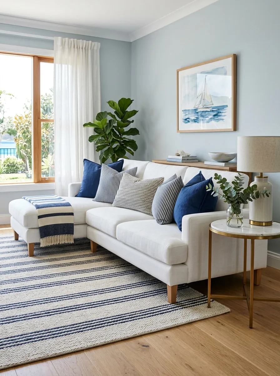 Image prompt: Real-life photography of a neatly made white couch layered with navy blue throw pillows, striped area rug underneath, brass-accented side table nearby, bright natural light filling the coastal-inspired room, clean and beautifully arranged styling, vibrant navy blue tones against white fabric, stock-photo realism, no people.