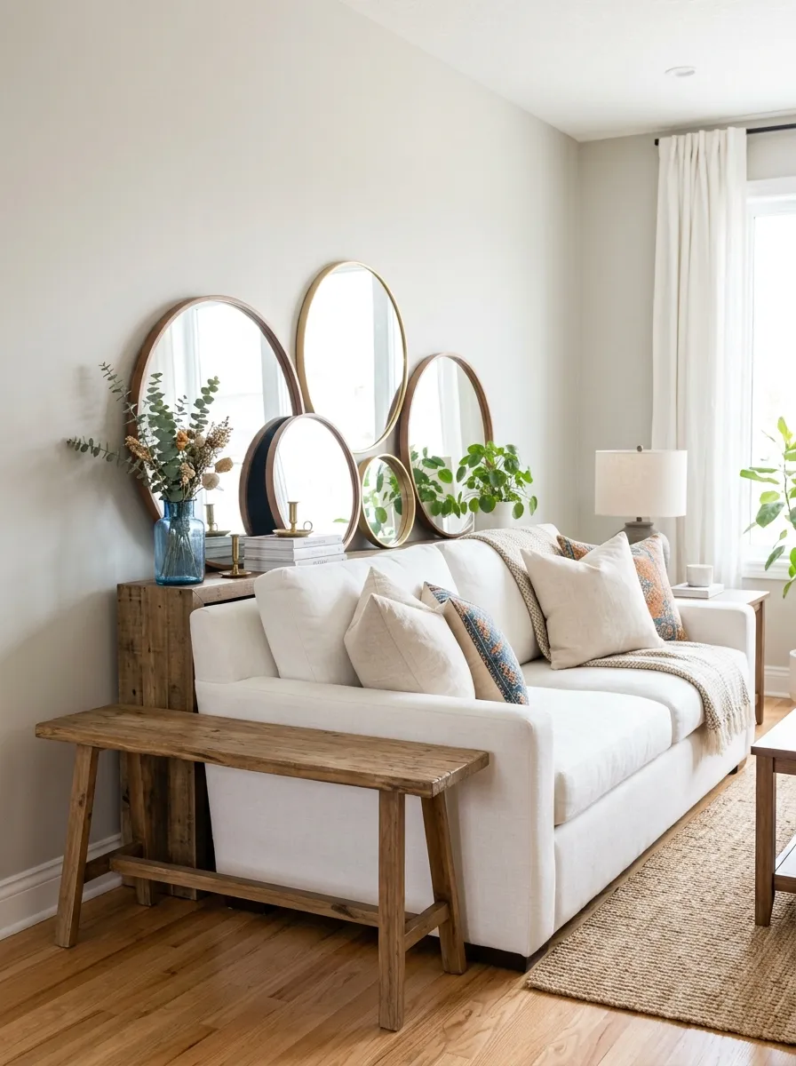 Image prompt: Real-life photography of a neatly made white couch with round mirrors of varying sizes leaning against the wall behind it, console table beautifully arranged below with a small plant, bright natural light reflecting off the mirrors, clean and organized styling, vibrant decor accents, stock-photo realism, no people.