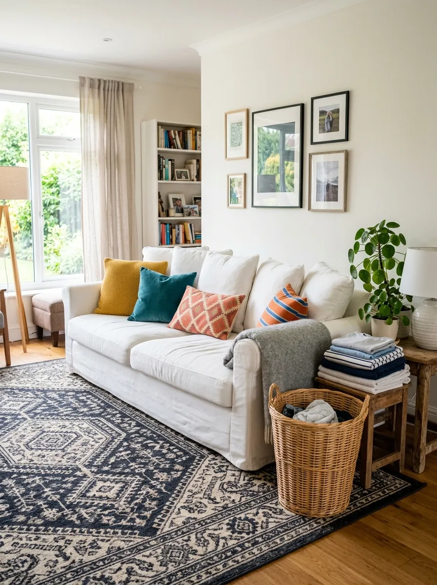 Image prompt: Real-life photography of a clean white slipcovered couch in a family living room, neatly made cushions, dark patterned area rug underneath for contrast, a small stack of folded laundry beside a laundry basket nearby, bright natural light, organized and beautifully arranged space, vibrant accent colors on throw pillows, candid stock-photo style, no people visible.