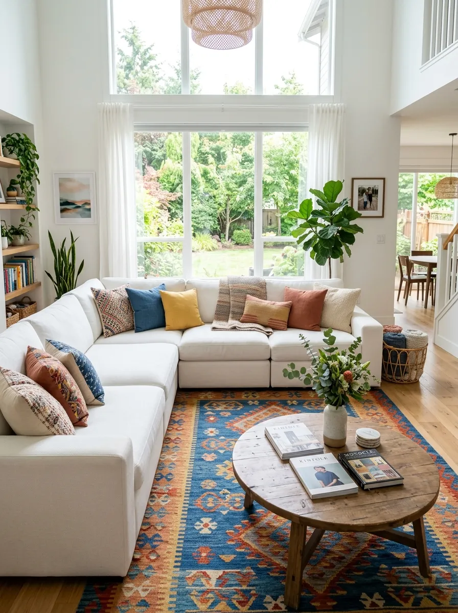 Image prompt: Real-life photography of a neatly made modular white sectional couch arranged in an L-shape in a spacious living room, beautifully arranged cushions across each module, bright natural light streaming through large windows, clean and organized family-friendly layout, vibrant rug and decor tones, stock-photo realism, no people.