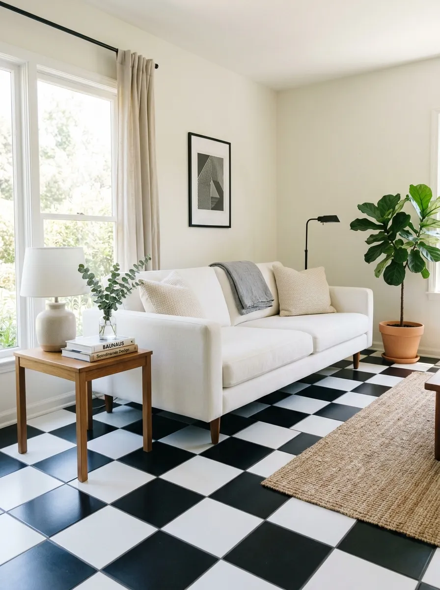 Image prompt: Real-life photography of a neatly made white couch sitting on a black and white checkerboard floor, minimal neutral furniture around it, beautifully arranged decor, bright natural light highlighting the graphic floor pattern, clean and organized retro-modern styling, vibrant contrast between black tiles and white fabric, stock-photo realism, no people.