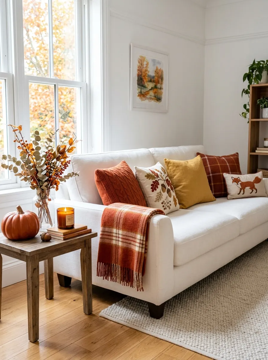 Image prompt: Real-life photography of a neatly made white couch styled with seasonal pillow covers in warm autumn tones, folded throw blanket beside it, bright natural light filling the room, beautifully arranged seasonal decor on a nearby table, clean and organized styling, vibrant seasonal color palette, stock-photo realism, no people.