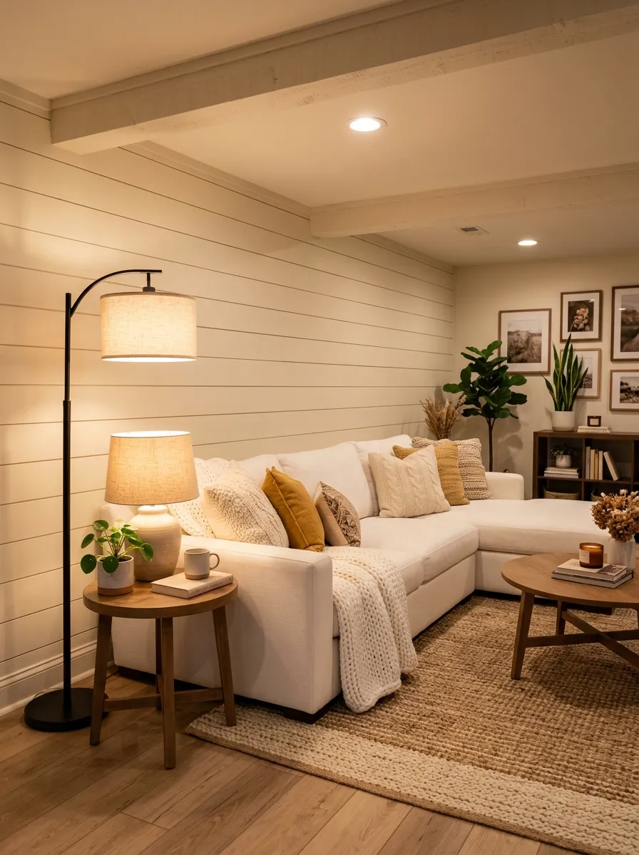 Image prompt: Real-life photography of a neatly made white couch in a basement living room, floor lamp and table lamp both switched on casting warm light, recessed ceiling lighting glowing softly, beautifully arranged cozy decor, clean and organized styling, vibrant warm lighting tones against white fabric, stock-photo realism, no people.