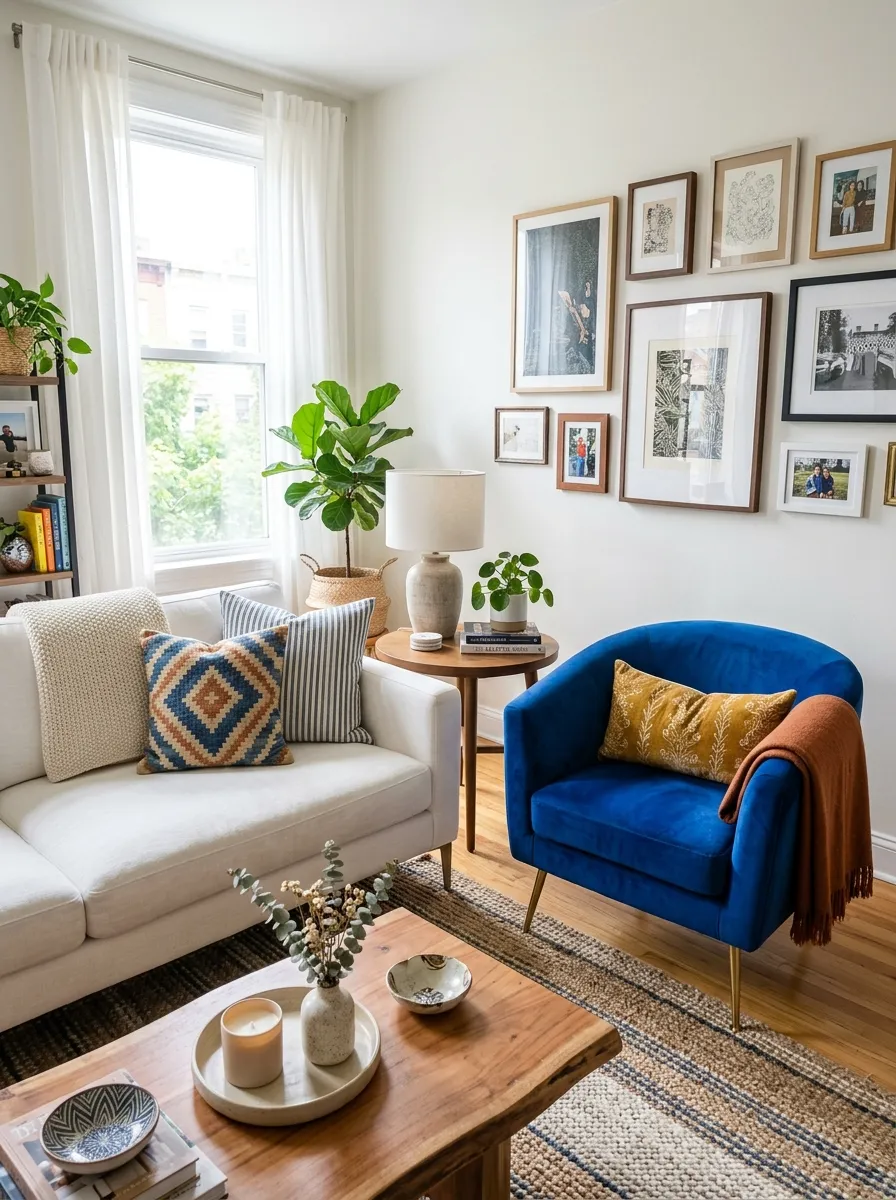 Image prompt: Real-life photography of a neatly made white couch beside an unmatched curved velvet accent chair in a bold color, beautifully arranged cushions on both pieces, bright natural light filling the eclectic living room, clean and organized styling, vibrant chair color contrasting the white sofa, stock-photo realism, no people.