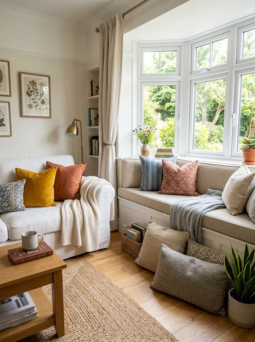Image prompt: Real-life photography of a neatly made white couch near a bay window seat cushioned in durable neutral fabric, floor pillows arranged beneath the window, bright natural light streaming through the glass, beautifully arranged cozy reading corner, clean and organized styling, vibrant cushion accents, stock-photo realism, no people.