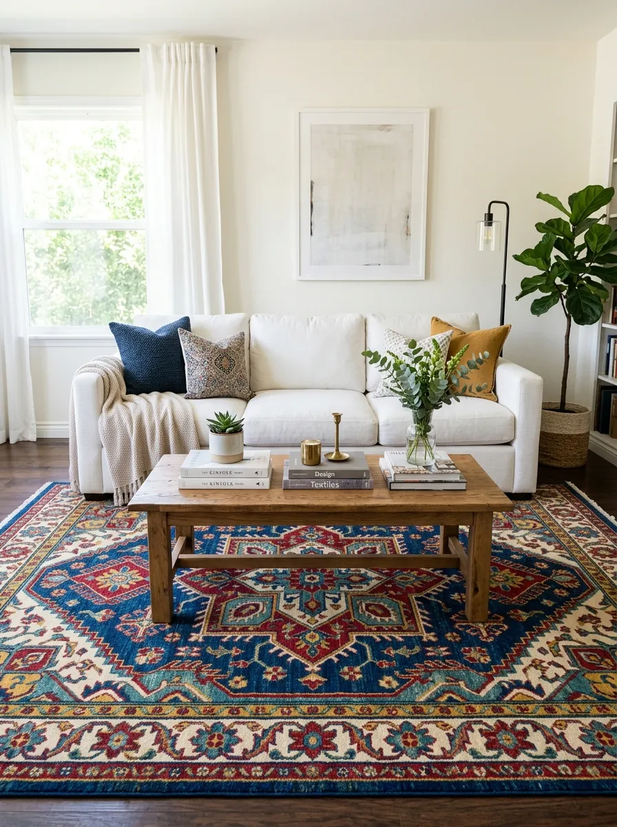 Image prompt: Real-life photography of a neatly made white couch positioned above a bold large-scale patterned rug in rich colors, beautifully arranged coffee table decor, bright natural light highlighting the rug's colors, clean and organized living room styling, vibrant rug pattern as the room's focal point, stock-photo realism, no people.
