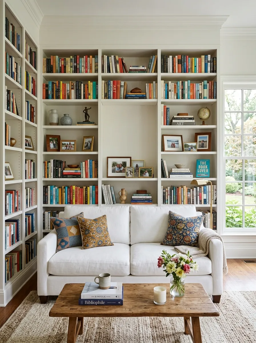 Image prompt: Real-life photography of a neatly made white couch flanked by floor-to-ceiling built-in bookshelves filled with books and framed photos, beautifully arranged sculptural objects on the shelves, bright natural light filling the room, clean and organized library-style living room, vibrant book spines adding color, stock-photo realism, no people.