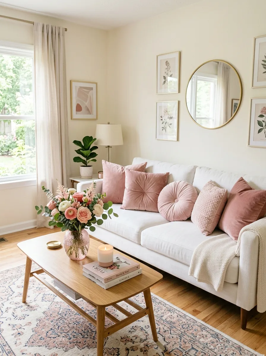 Image prompt: Real-life photography of a neatly made white couch layered with blush pink velvet pillows, pink glass vase with fresh flowers on the coffee table, bright natural light filling the soft-toned room, beautifully arranged romantic decor, clean and organized styling, vibrant blush and rose color accents, stock-photo realism, no people.
