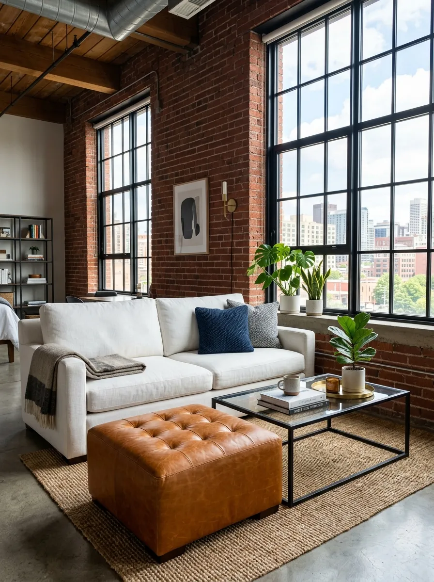 Image prompt: Real-life photography of a neatly made white couch against an exposed brick wall with black steel-framed windows, leather ottoman and metal-framed coffee table beautifully arranged nearby, bright natural light streaming through the windows, clean and organized industrial loft styling, vibrant leather ottoman tone for contrast, stock-photo realism, no people.