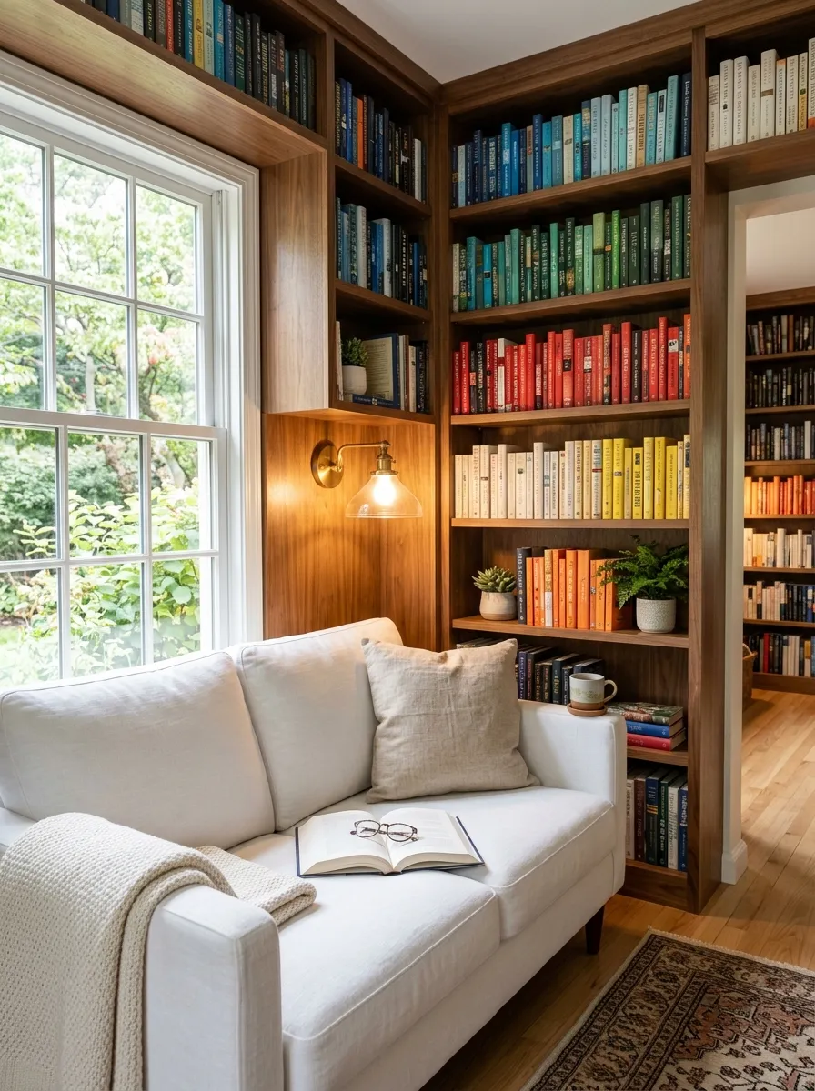 Image prompt: Real-life photography of a cozy reading nook with a neatly made small white couch against built-in wooden bookshelves, books organized and color-coordinated, a warm reading lamp switched on, linen cushion and open book on the seat, bright natural light from a nearby window, clean and beautifully arranged interior, vibrant book spines adding color, stock-photo realism, no people.