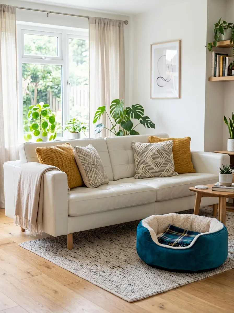 Image prompt: Real-life photography of a neatly made white vegan leather couch with a dedicated pet bed placed beside it, low-pile rug underneath, beautifully arranged cushions on the sofa, bright natural light filling the pet-friendly living room, clean and organized styling, vibrant pet bed color accent, stock-photo realism, no people.