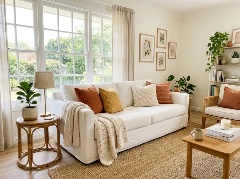 Featured image prompt: Real-life photography of a bright, airy living room featuring a neatly made white couch as the centerpiece, layered with beautifully arranged cushions and a knit throw, a jute rug underneath, rattan side table with a small plant, large window letting in bright natural light, clean and organized styling, vibrant warm accent colors, Pinterest-style stock photography, wide-angle shot, no people visible.