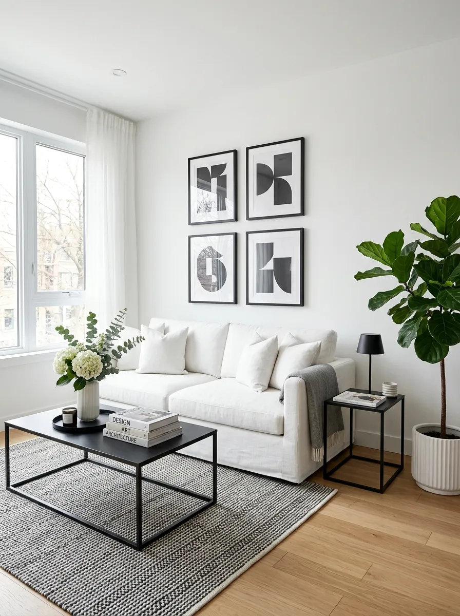 Image prompt: Real-life photography of a modern living room with a neatly made white couch, black coffee table with organized books and a vase, dark framed wall art hung evenly, black metal-legged side table, bright natural light flooding the room, clean and beautifully arranged monochrome styling, vibrant green plant for a pop of color, sharp stock-photo composition, no people.