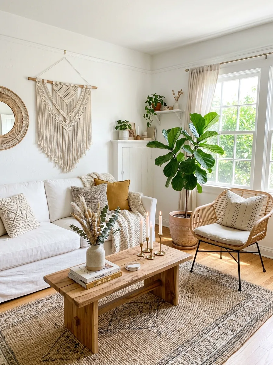 Image prompt: Real-life photography of a boho living room with a neatly made white couch, rattan accent chair, woven macrame wall hanging, low wooden coffee table beautifully arranged with candles and a ceramic vase, large fiddle leaf fig plant near a sunlit window, bright natural light, clean and organized styling, vibrant green plant tones against white fabric, stock-photo realism, no people.