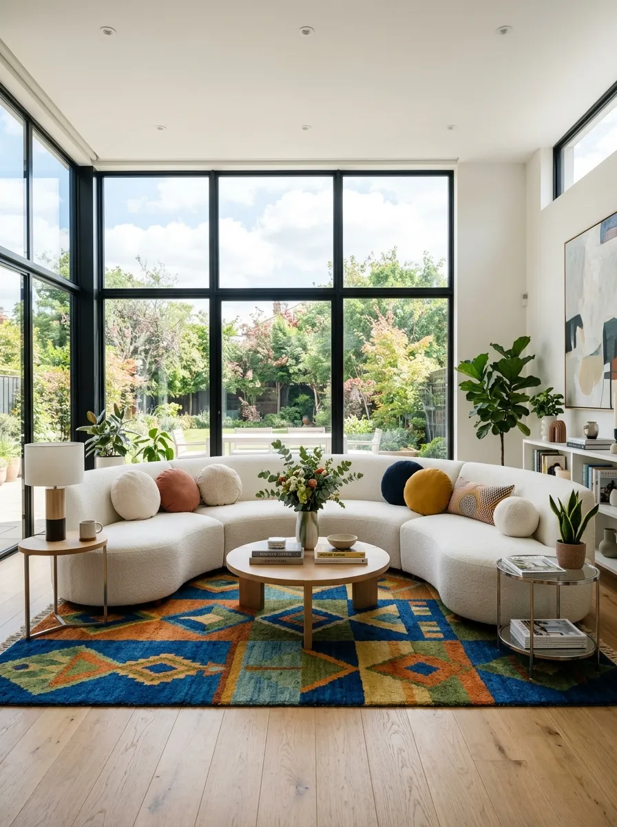Image prompt: Real-life photography of a curved white couch neatly made with round bolster cushions, positioned in the center of a bright living room to form a conversation pit, small round side tables nearby, organized and beautifully arranged decor, bright natural light from large windows, clean modern styling, vibrant rug adding color beneath, stock-photo realism, no people.