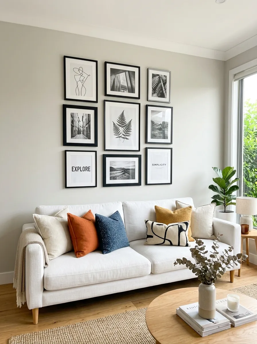 Image prompt: Real-life photography of a neatly made white couch beneath a symmetrical black and white gallery wall with mismatched black frames, beautifully arranged cushions on the sofa, bright natural light illuminating the wall art, clean and organized living room styling, vibrant throw pillow accents for contrast, stock-photo composition, no people visible.