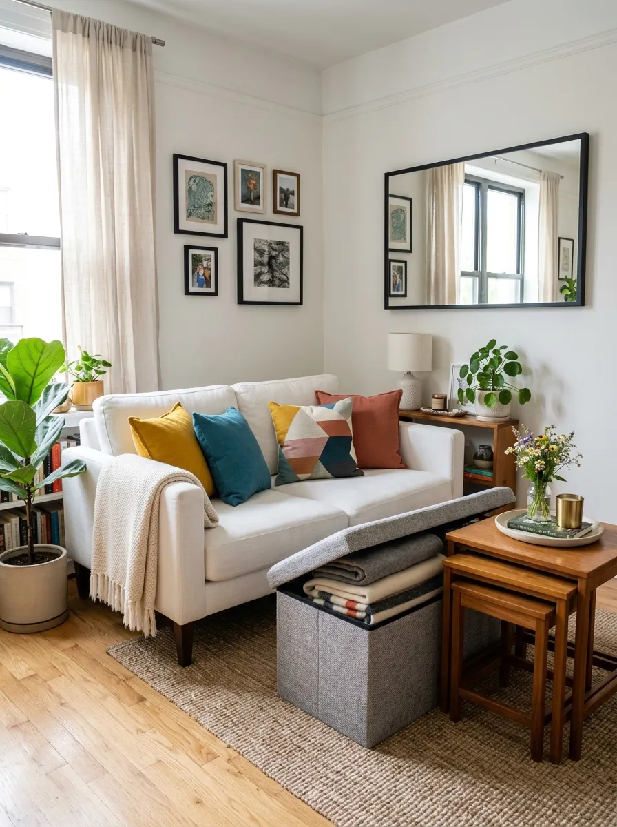 Image prompt: Real-life photography of a compact bright living room with a neatly made white couch, a storage ottoman with the lid slightly open showing folded blankets, nesting coffee tables organized beside it, a large mirror reflecting natural light, clean and beautifully arranged small-space styling, vibrant accent cushions, stock-photo realism, no people.