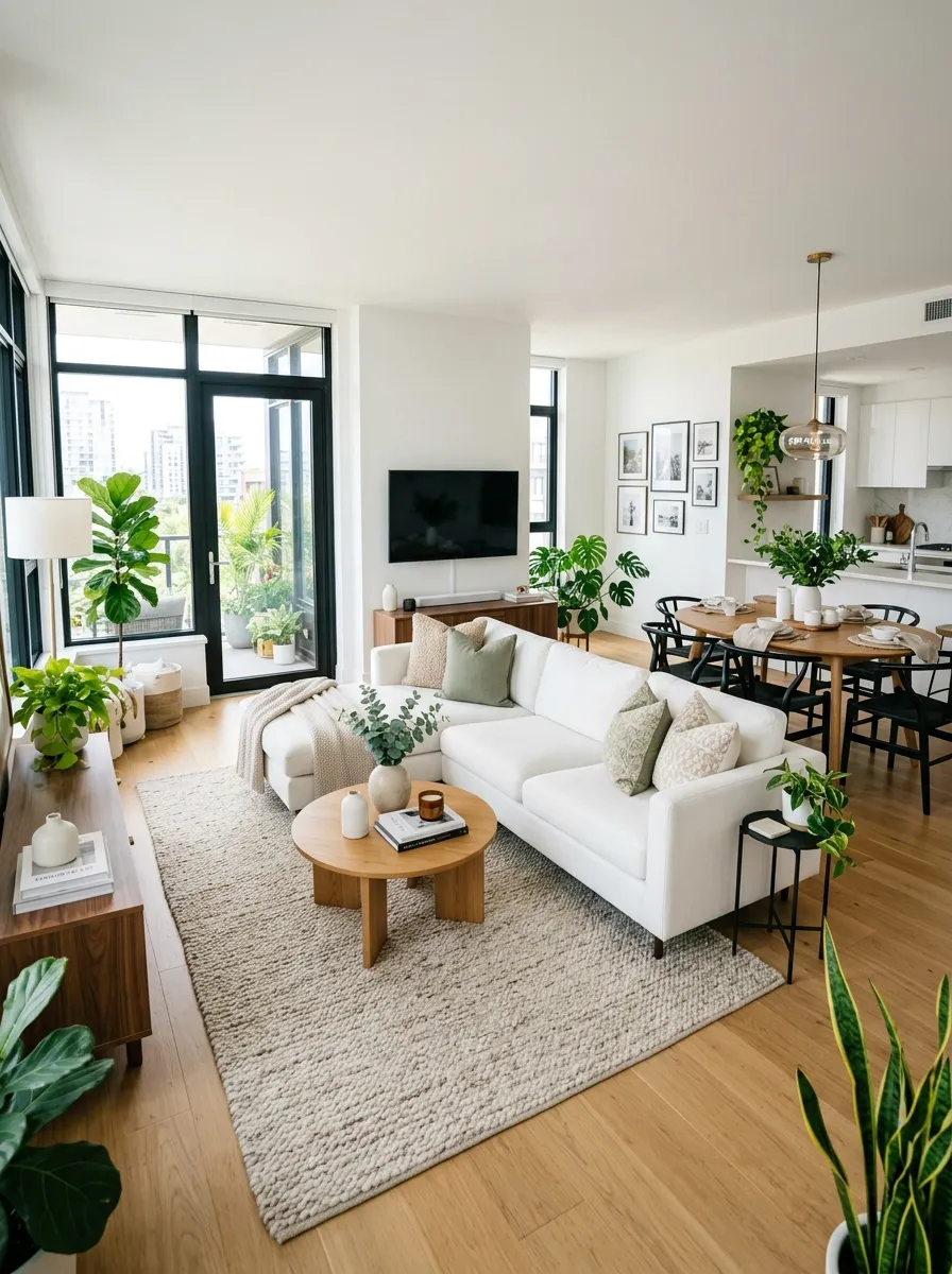 Image prompt: Real-life photography of a neatly made white L-shaped sectional couch anchoring an open-concept living and dining space, media console facing the sofa, round wooden dining table visible nearby, bright natural light flooding the open floor plan, clean and organized layout, vibrant green plants adding color, beautifully arranged stock-photo styling, no people.